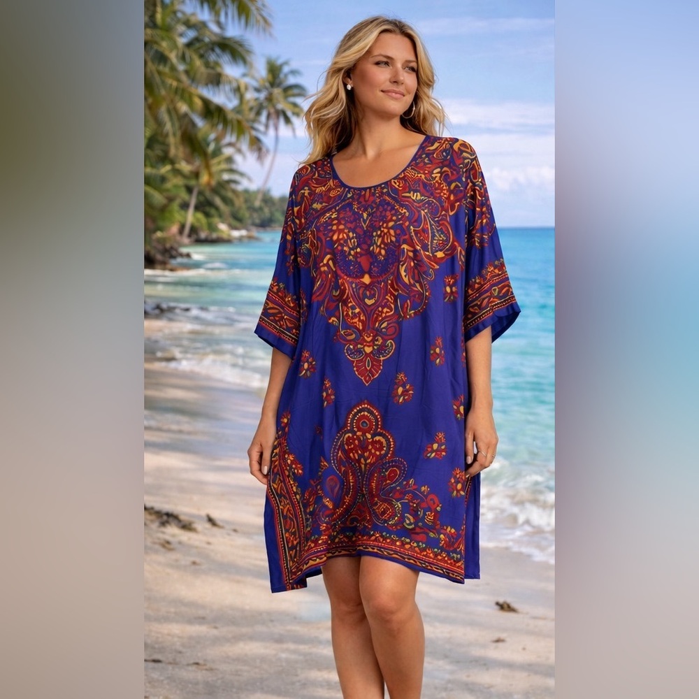 Royal Blue Boho Paisley Kaftan / Caftan Tunic Resort Beach Coverup – One Size 🔥💕